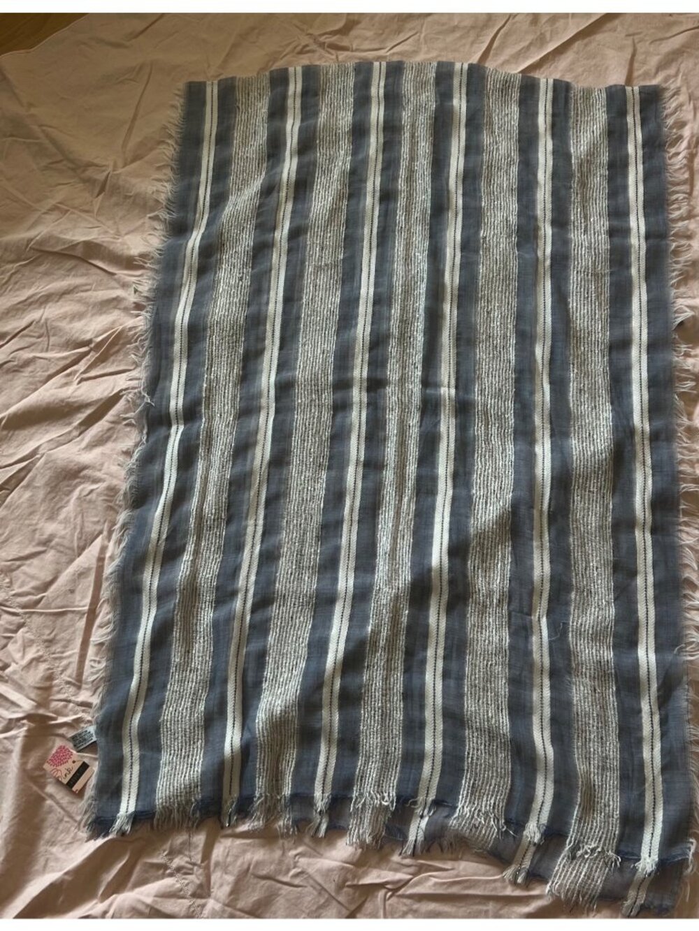 Blue White Striped Lightweight Scarf Frayed Edges Coastal Beach Summer Shawl Wra